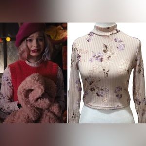 NWT H&M Floral Ribbed Mock Neck Crop Top Pink Small ASO Enid Sinclair Wednesday